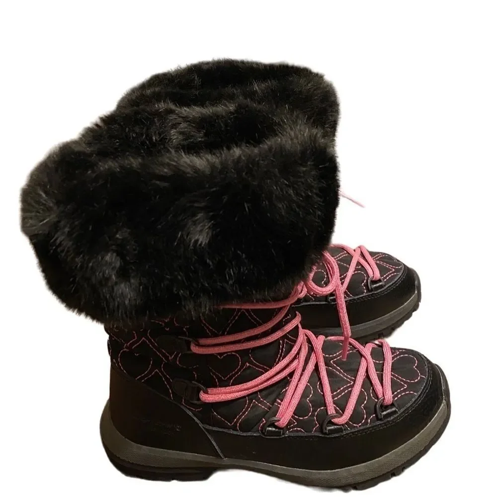 BEARPAW Meredith Girls Pink Black Heart Waterproof Snow Boots Youth 5 faux fur